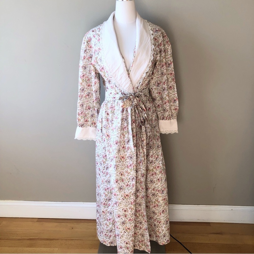 Vintage Laura Adams Floral Robe Wrap Cottage Prairie Maxi Dress M/L - Picture 2 of 11